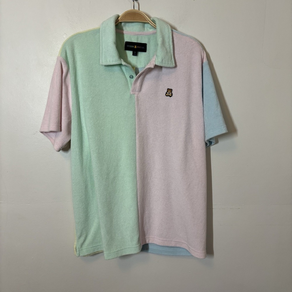 Teddy Fresh Mens Polo Shirt M Terry Cloth Green‎ Pink Pastel Streetwear